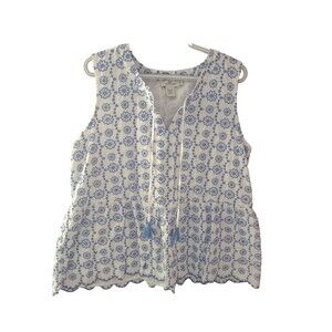 Vineyard Vines Women’s XL White Blue Floral Embroidery Sleeveless Tiered Top